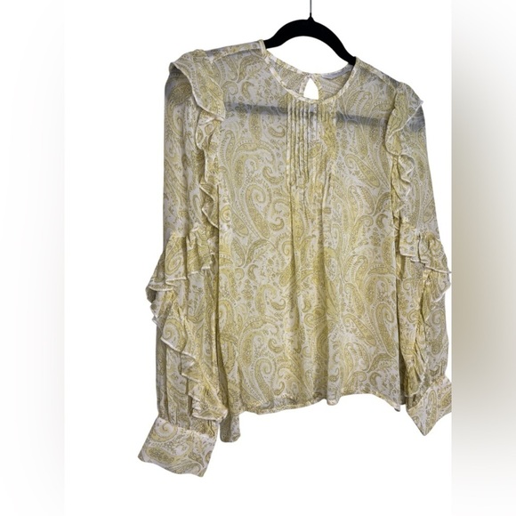 Yellow Paisley Ruffle Romantic Sheer Lucky Brand Long Sleeve Blouse Size XS - Picture 2 of 9